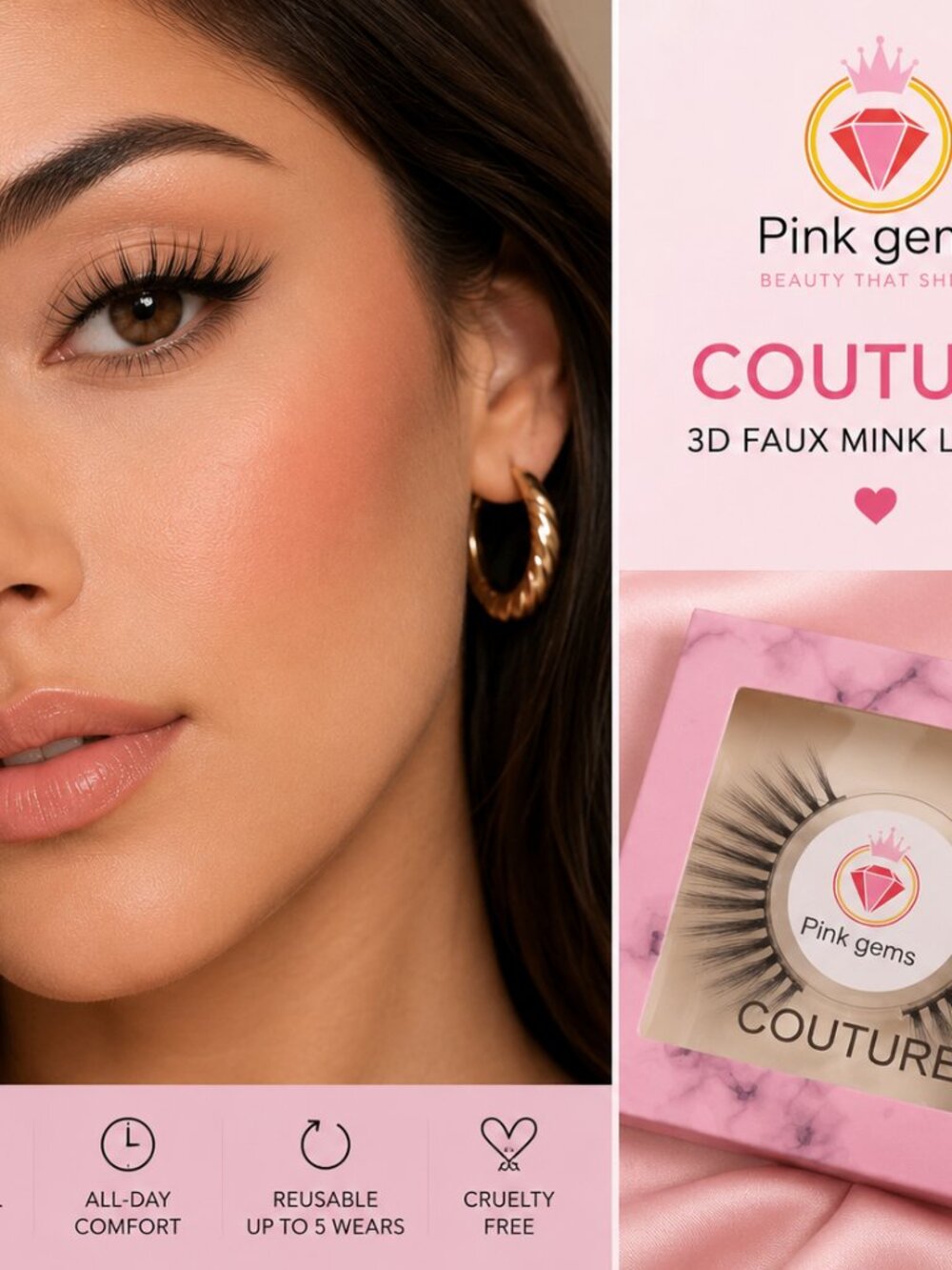 Pink Gems Couture Faux Mink Lashes | Soft Wispy Volume | Lightweight & Reusable